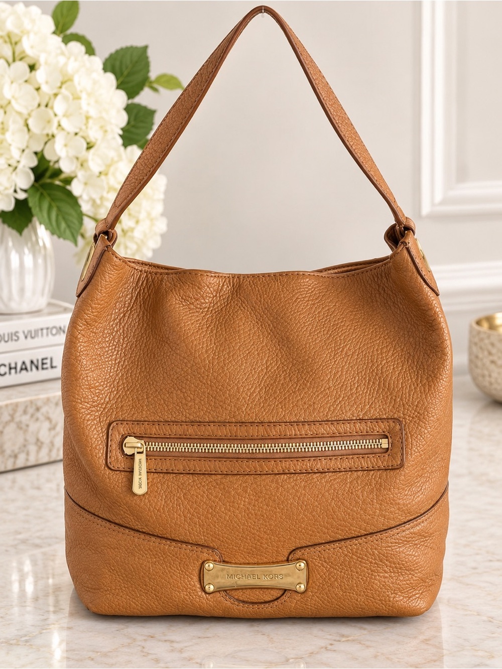 Michael Kors Brown Pebbled Leather Hobo Shoulder Bag Slouchy Purse